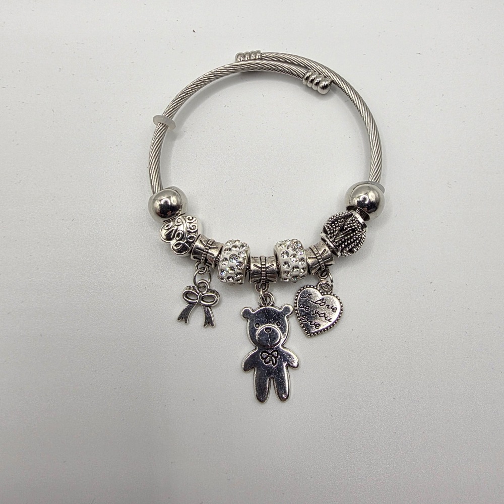 Silver Tone Teddy Bear Heart Bow Cable Wire Charm Bangle Bracelet Love You More